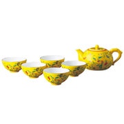 黄釉花鳥唐草文・茶器揃（急須1・湯呑5） Y1200-AQ