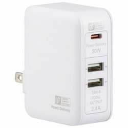 USB急速充電器 AC充電アダプター 3ポート 急速充電対応 USB PD（パワーデリバリー）対応 42W USB-C×1/USB-A×2 折りたたみ式収納プラグ採用 ホワイト MAV-AUPD3042-W