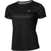 UAウィメンズ スピードストライド プリント ショートスリーブ 1366868 Black Gray Wolf 004 SMサイズ [ランニングウェア シャツ レディース]