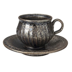 信楽焼 へちもん コーヒー碗皿 黒釉彫 MR-3-3291