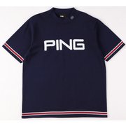 621-2175300-120-L [ゴルフシャツ メンズ PINGビッグロゴ 半袖 モックネックニットプルオーバー Lサイズ ネイビー]