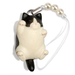 N-2304 [猫どん でぶ猫 黒白 ビーズストラップ]
