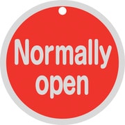 158091 [緑十字 バルブ開閉札 Normally open（赤） 特15-151A 80mmΦ 両面表示 アルミ製]