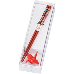 箸・箸置きセット 赤 吉祥鶴 2J-136