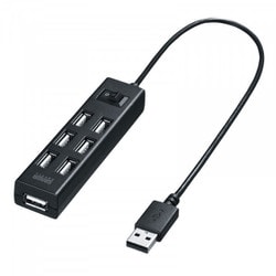 USBハブ ドック USB-A×7ポート 一括スイッチ付き USB2.0 コンパクト セルフ/バスパワー両対応 ケーブル一体型 ケーブル長30cm 電源付き 面ファスナー付き ブラック USB-2H702BKN