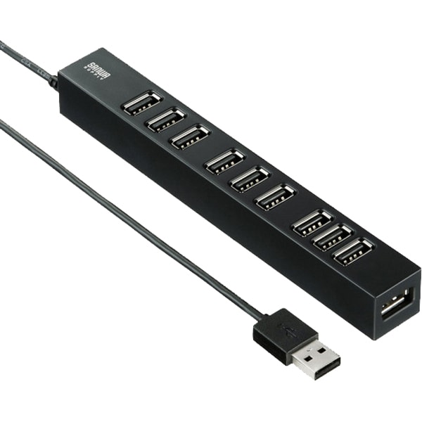 USBハブ ドック USB-A×10ポート USB2.0 セルフ/バスパワー両対応 ケーブル一体型 ケーブル長1m 電源付き 面ファスナー付き ブラック USB-2H1001BKN