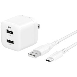 最大17W USB Type-A 2ポート AC充電器 超タフUSB Type-A to USB Type-C ケーブル（1.5m）セット ホワイト OWL-AC17WAAC15-WH