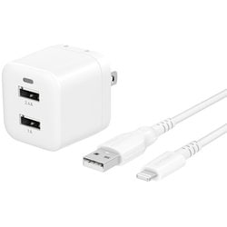 最大17W USB Type-A 2ポート AC充電器 超タフUSB Type-A to Lightning ケーブル（1.5m）セット ホワイト OWL-AC17WAAL15-WH