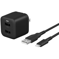 最大17W USB Type-A 2ポート AC充電器 超タフUSB Type-A to Lightning ケーブル（2.0m）セット ブラック OWL-AC17WAAL20-BK