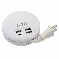 USB AC充電器 USB ACチャージャー USB-C×1/USB-A×3 最大5.1A 電源コード巻取式（45cm） 自動判別機能付 ホワイト SMP-U3C51E3-W