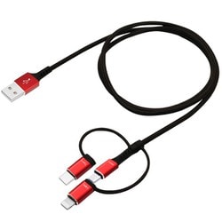 3in1 USBケーブル （microUSB・Lightning・Type-C） ナイロンメッシュアルミコネクタタイプ レッド 1.0m FUSB-MCL110BRD