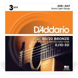 D'Addario（ダダリオ） アコースティックギター弦 80/20ブロンズ Extra Light .010-.047 EJ10-3D 3set入りパック EJ10-3D Ex.Light 010-047