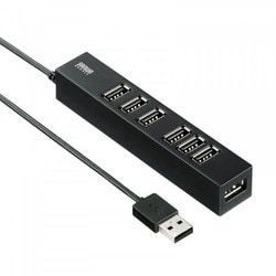 USBハブ ドック USB-A×7ポート USB2.0 セルフ/バスパワー両対応 ケーブル一体型 ケーブル長1m 電源付き 面ファスナー付き ブラック USB-2H701BKN