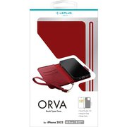 LN-IP22BHPRD [iPhone 14 Pro用 本革風レザーフラップケース 「ORVA」 レッド （ハンドストラップ付属）]