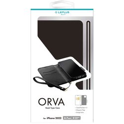 LN-IA22BHPBK [iPhone 14 Plus用 本革風レザーフラップケース 「ORVA」 ブラック （ハンドストラップ付属）]