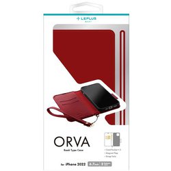 LN-IA22BHPRD [iPhone 14 Plus用 本革風レザーフラップケース 「ORVA」 レッド （ハンドストラップ付属）]