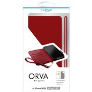 LN-IA22BHPRD [iPhone 14 Plus用 本革風レザーフラップケース 「ORVA」 レッド （ハンドストラップ付属）]