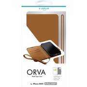 LN-IA22BHPCA [iPhone 14 Plus用 本革風レザーフラップケース 「ORVA」 キャメル （ハンドストラップ付属）]