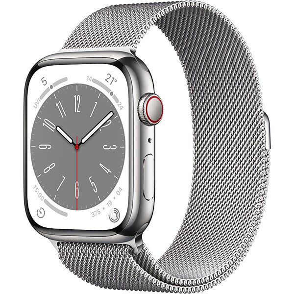 Apple Watch Series 8 （GPS ＋ Cellularモデル）- 45mmシルバーステンレススチールケースとシルバーミラネーゼループ [MNKJ3J/A]