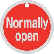 157151 [緑十字 バルブ開閉札 Normally open（赤） 特15-149A 50mmΦ 両面表示 アルミ製]