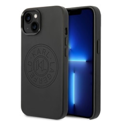 KLHCP14SFWHK [iPhone 14用 KARL - PU LEATHER CASE PERFORATED LOGO AND METAL BUTTONS - BLACK]