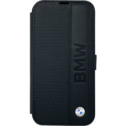iPhone 14 Plus用 BMW - SIGNATURE COLLECTION - GENUINE LEATHER BOOKTYPE CASE TEXTURED AND BIG LOGO STRIPE - BLACK BMBKP14M22RDPK