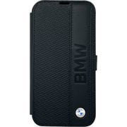 iPhone 14 Plus用 BMW - SIGNATURE COLLECTION - GENUINE LEATHER BOOKTYPE CASE TEXTURED AND BIG LOGO STRIPE - BLACK BMBKP14M22RDPK