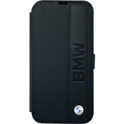 iPhone 14 Pro Max用 BMW - SIGNATURE COLLECTION - GENUINE LEATHER BOOKTYPE CASE TEXTURED AND BIG LOGO STRIPE - BLACK BMBKP14X22RDPK