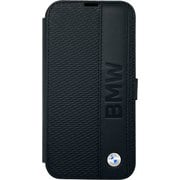 iPhone 14 Pro Max用 BMW - SIGNATURE COLLECTION - GENUINE LEATHER BOOKTYPE CASE TEXTURED AND BIG LOGO STRIPE - BLACK BMBKP14X22RDPK
