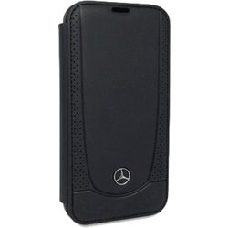 iPhone 14 Plus用 MERCEDES-BENZ - GENUINE LEATHER - SMOOTH LEATHER, PEFORATIONS AND METAL STAR LOGO - BLACK BOOKTYPE MEFLBKP14MARMBK
