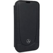 iPhone 14 Plus用 MERCEDES-BENZ - GENUINE LEATHER - SMOOTH LEATHER, PEFORATIONS AND METAL STAR LOGO - BLACK BOOKTYPE MEFLBKP14MARMBK