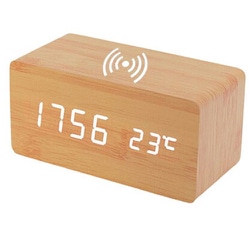 木目調デジタル目覚まし時計 スマホワイヤレス充電対応 ライトブラウン clock0002-1size-lbrown