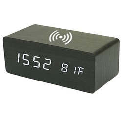 木目調デジタル目覚まし時計 スマホワイヤレス充電対応 ブラック clock0002-1size-black