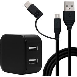 USB AC充電器 2.4A 12.0W USB-A ×2 microUSB端子ケーブル付属（1.5m/USB Type-C変換アダプタ付） 90°回転式収納プラグ Smart IC搭載 BK RAC2A2A04BK