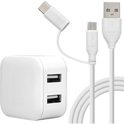 USB AC充電器 2.4A 12.0W USB-A ×2 microUSB端子ケーブル付属（1.5m/USB Type-C変換アダプタ付） 90°回転式収納プラグ Smart IC搭載 WH RAC2A2A04WH