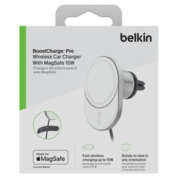 BELKIN ベルキン MagSafe認証 ワイヤレス車載充電器 最大15W エアコン吹き出し口用 USB-Cケーブル 1.2m 付属 WIC008BTGR ネコポス不可 ベルキン、世界初のApple認証付き車載充電器を発売。iPhoneを最大15Wで