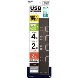 SIAA抗菌加工仕様 USB充電ポート付き 個別スイッチ付きコードタップ 2m STY200-BR