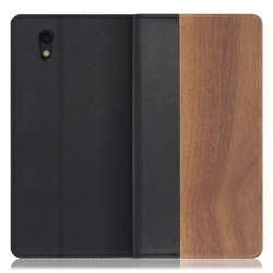 WORK08AO-KU-SEN [LOOF Nature AQUOS sense basic/sense lite用 天然木仕様の本革スマホケース/スタンド機能＆カードポケット付き 胡桃]