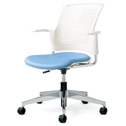 チェダーC 会議イス ビニルレザー張り 回転脚 背ヌード ホワイトシェル 肘付 ライトブルー MB-W55NHL-N LB