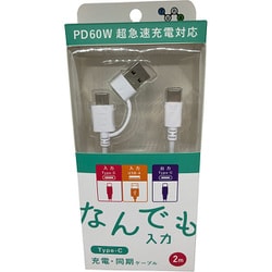 2in1 PD対応60Wしなやかケーブル Type-C 2m 白 GWC-C460PV2W