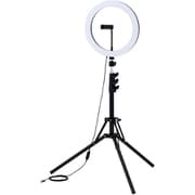 LED リングライト 直径30cm 三脚 スタンド 74~183cm 10段階調光 ライト 3色モード USB-A コネクタ ケーブル長2m スマホホルダー付 撮影用ライト ブラック DE-L09BK