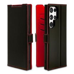 Galaxy S23 Ultra用 ケース カバー 手帳型 薄型 耐衝撃吸収 カード入れ スタンド機能 サイドマグネット BK×RD 7472GS23UBO