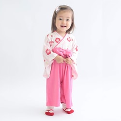 対象年齢：0歳～1歳 梅柄女児袴 ロンパース （桃）60