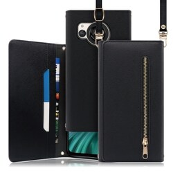 WORK50AO-BK-AR8 [AQUOS R8用 クラッチバッグ型スマホショルダーケース ロングストラップ＆カードポケット付き ブラック]