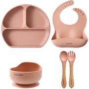 ベビー キッズ シリコン 食器4点セット 持ち手木製 アプリコット ang-sil-b-apr