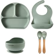 ベビー キッズ シリコン 食器4点セット 持ち手木製 グリーン ang-sil-b-gr