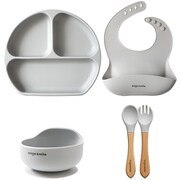 ベビー キッズ シリコン 食器4点セット 持ち手木製 グレー ang-sil-b-gry