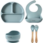 ベビー キッズ シリコン 食器4点セット 持ち手木製 ブルーグレー ang-sil-b-blgy