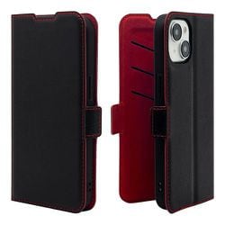 7576IP361BO [iPhone 15/iPhone14/13用 ケース カバー 手帳型 薄型 耐衝撃吸収 カード入れ スタンド機能 サイドマグネット BK×RD]