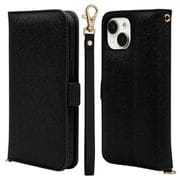 7582IP361BO [iPhone 15/iPhone14/13用 ケース カバー 手帳型 カード入れ スタンド機能 ハンドストラップ付き ブラック]